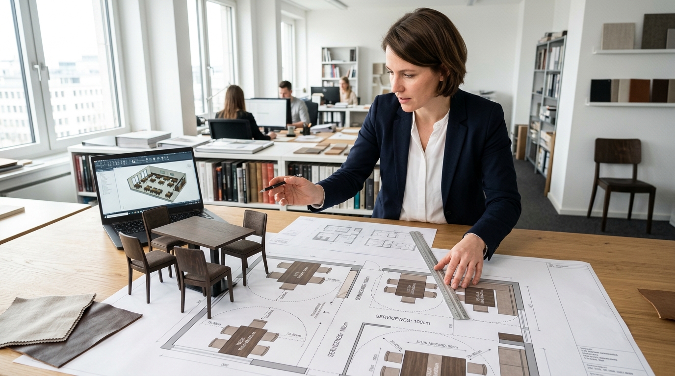 Redaktionelles Titelbild zum Beitrag: Körpermaße und Raumplanung: Warum die Bewegungsfreiheit am Tisch die Flächeneffizienz definiert