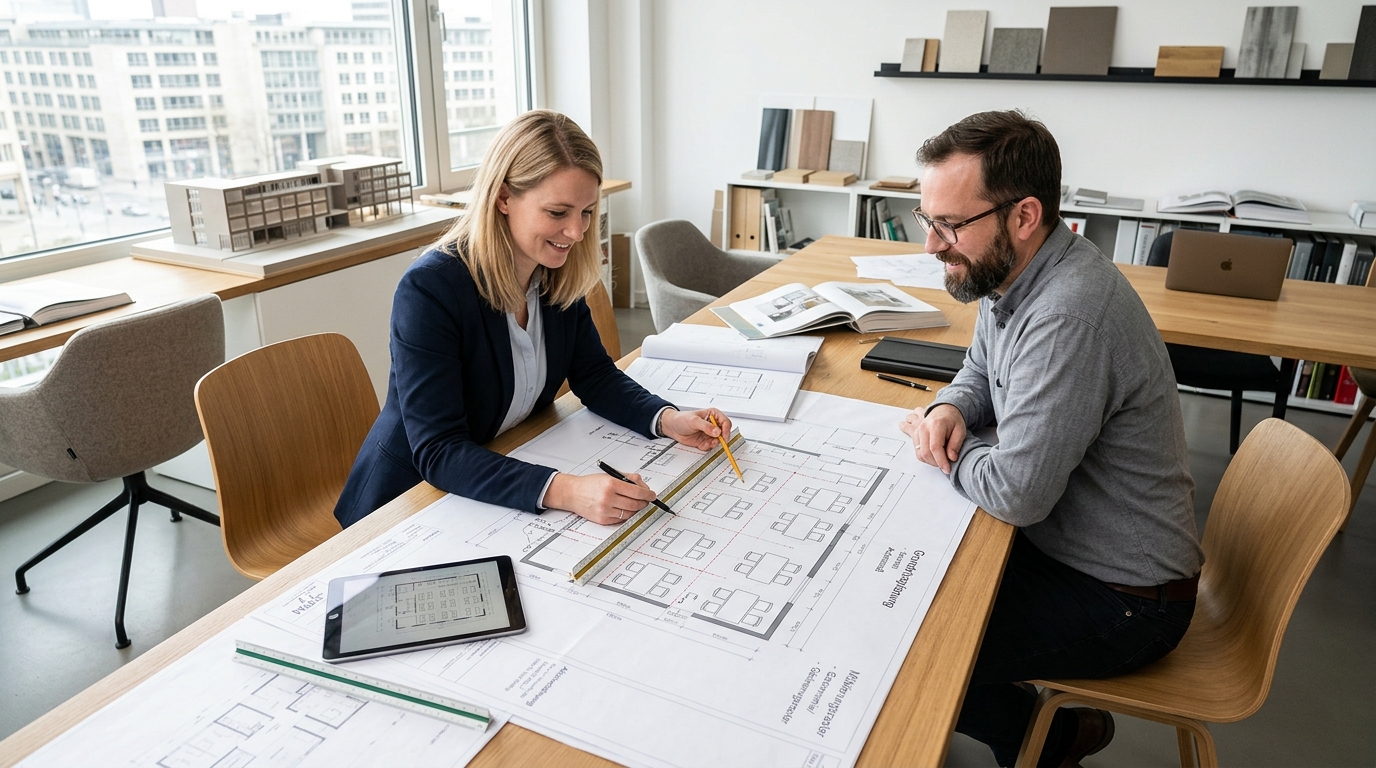 Redaktionelles Titelbild zum Beitrag: Systematische Grundrissplanung: Raster und Ergonomie fuer Objektmoeblierungen